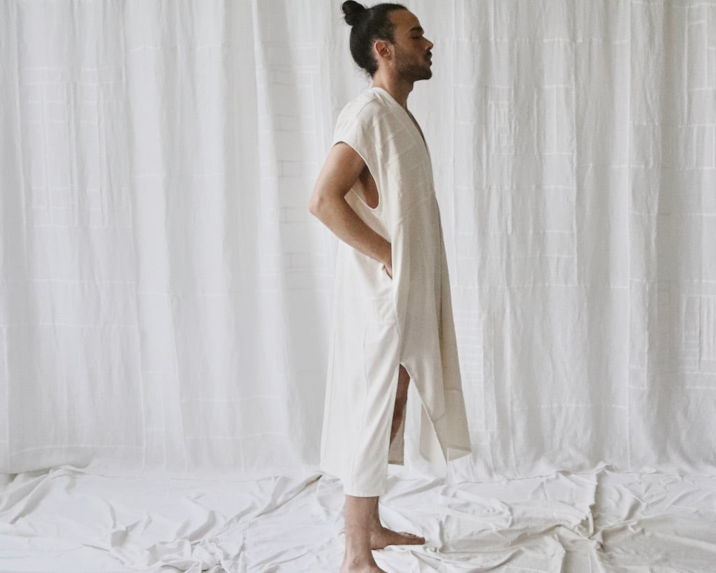 cream silk noil caftan dress