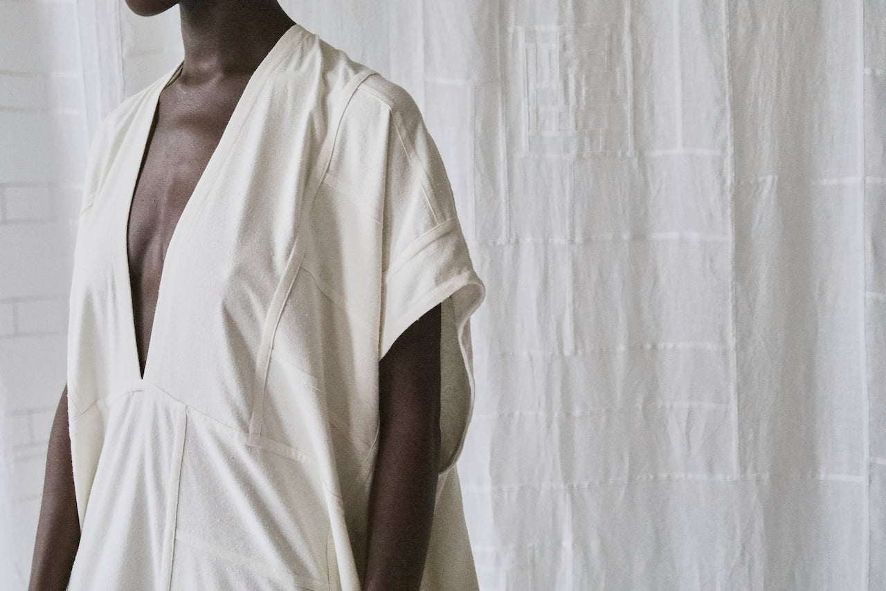 cream silk noil caftan dress