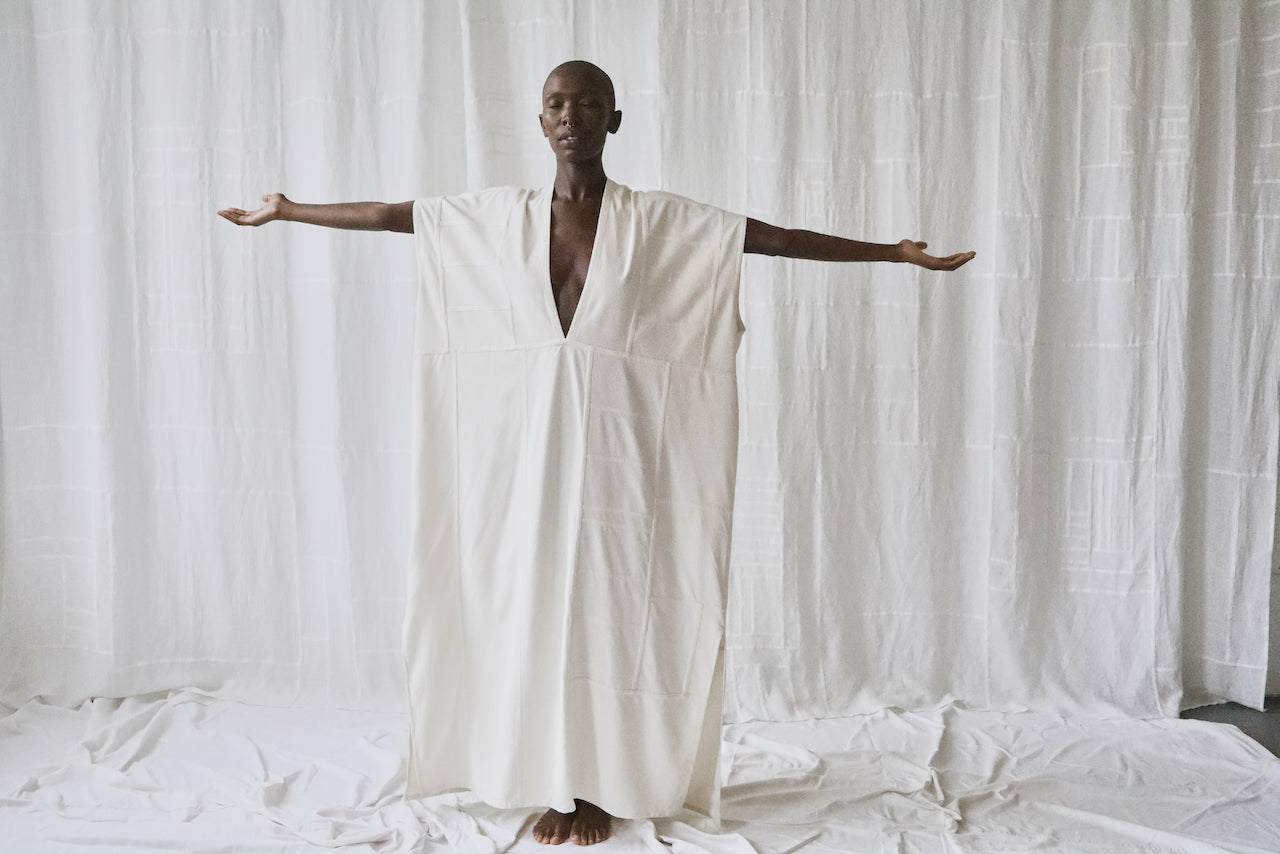 cream silk noil caftan dress