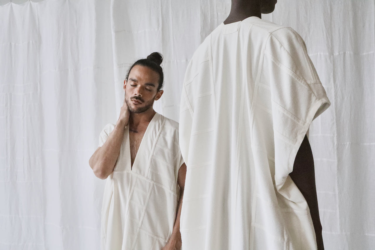 cream silk noil caftan dress