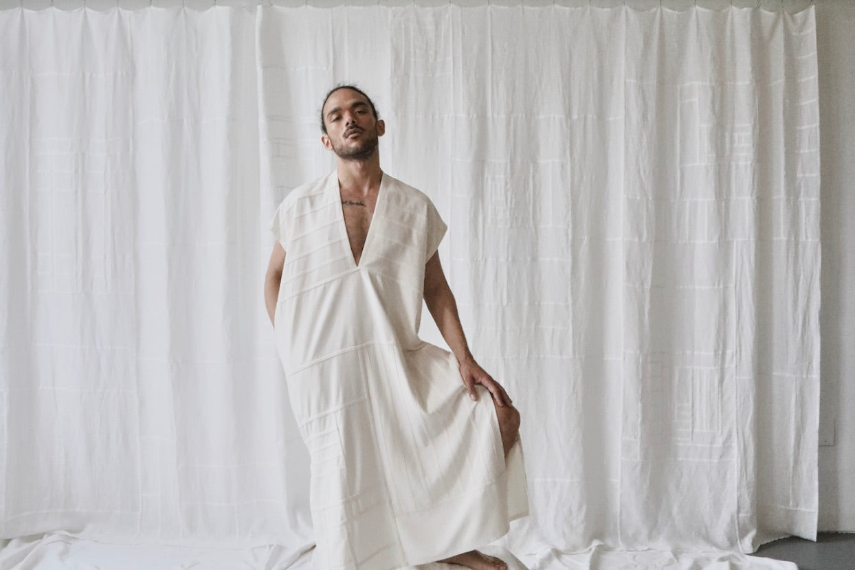 cream silk noil caftan dress